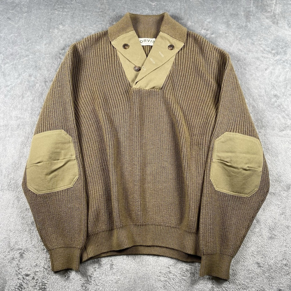 Orvis Sweater Mens Size L Tan Military Commando Shawl Collar Button Elbow Patch